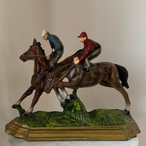 Vintage Cast Iron Door Stop Equestrian on Horseback Jockey Horse Racing